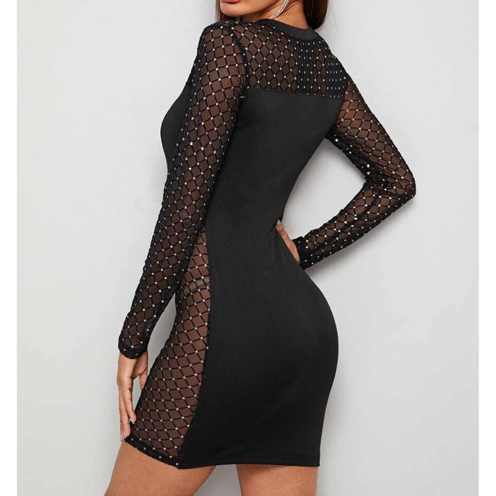 Black Mesh Geometric Panels Bodycon Sexy Dress - Picture 2 of 6